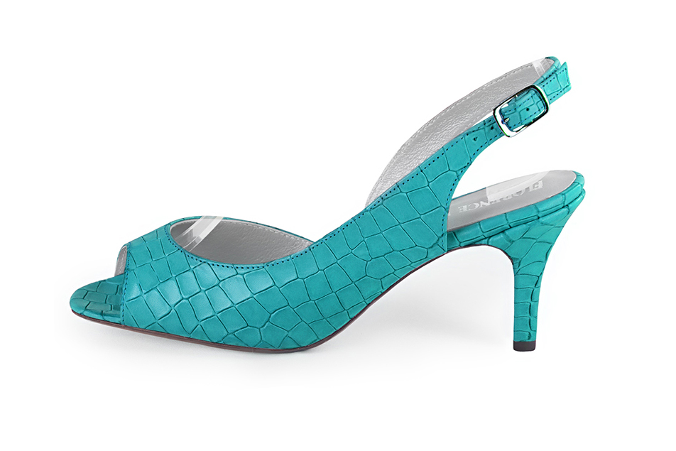 Turquoise blue open-toe elegant pumps with back strap. Square toe. High slim heel. - Florence KOOIJMAN